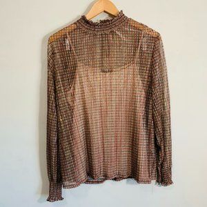 Adrianna Papell Bronze Sheer Shimmer Smocked Neck Blouse Women's Size Medium